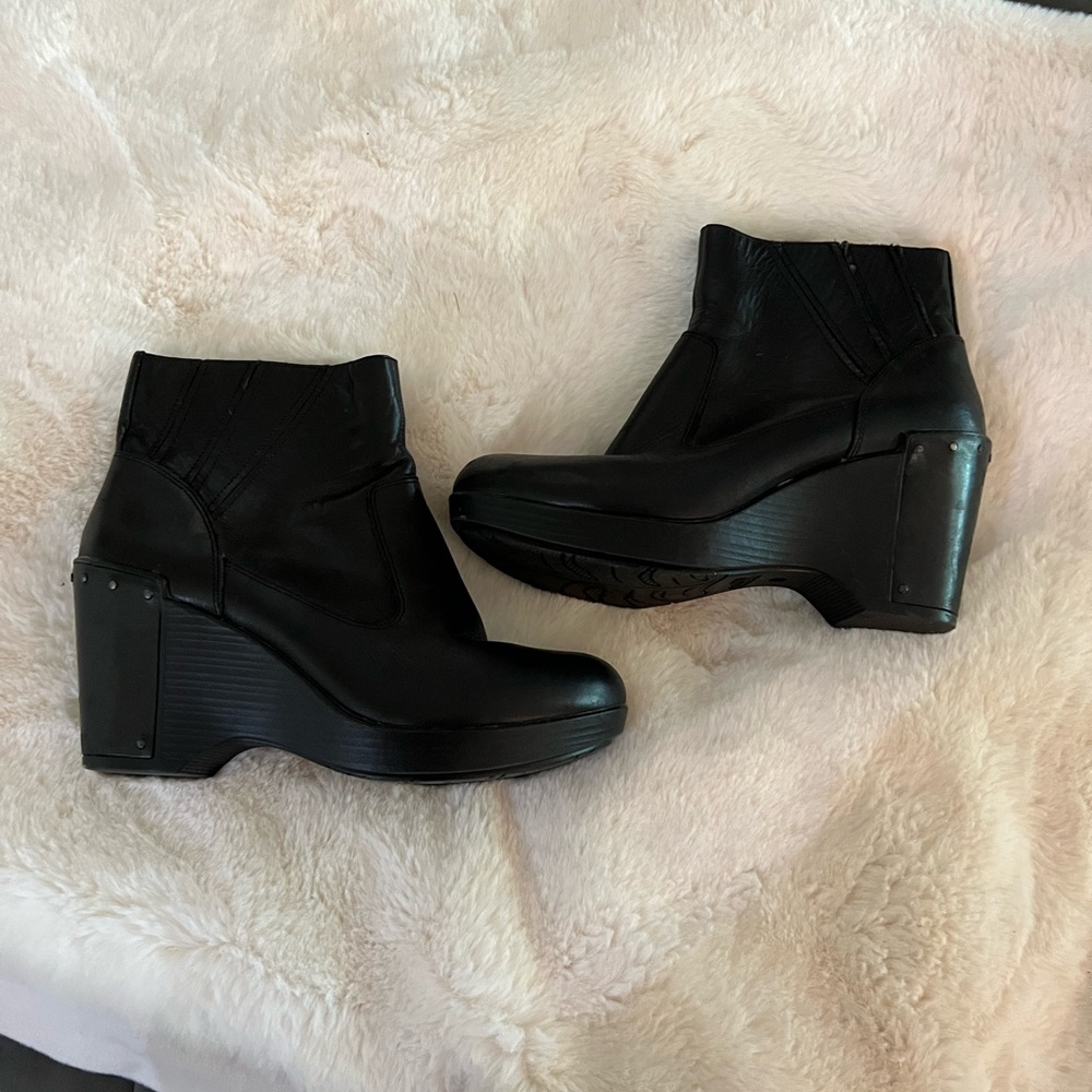 Dansko black leather wedge booties